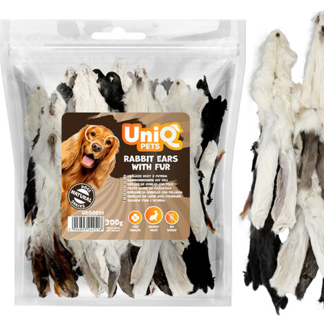 Snack prelibato per cani: Orecchie di coniglio con pelliccia UniQ Pets 300g