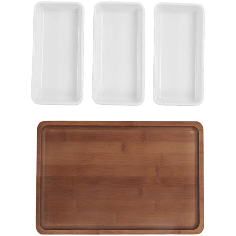 Snack Serving Tray Coffee Ceramic Segmented Long Strip Dishes Set with Bamboo Pallets for Cookies Nuts Bread Dessert