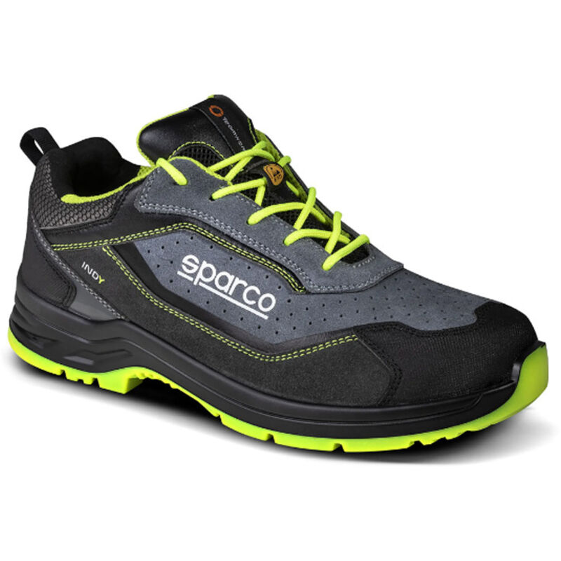 Chaussures de travail de se'curite' basses Sparco Indy Texas S1P esd N.40 en daim et microfibre gris fonce'/vert fluo avec embout pour le printemps