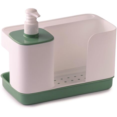 Snips Riordinello - Dispenser Sapone Cucina e Bagno 3in1, Set Porta Spugne Lavello Cucina, Porta Sapone Dosatore 400ml e Strofinacci, Organizer Lavello Salvaspazio 21x12x18 Made in Italy, Bianco/Verde