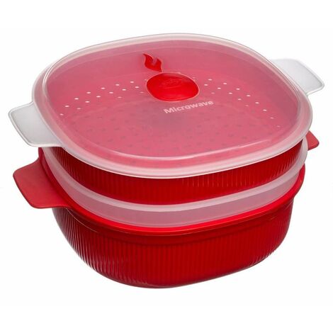 Snips - Vaporiera Microonde Rossa 4L con 2 Vassoi Sovrapponibili per Doppia Cottura a Vapore, Contenitori per Alimenti - Contenitore per Microonde, 26.5x22x13.5 cm, Made in Italy