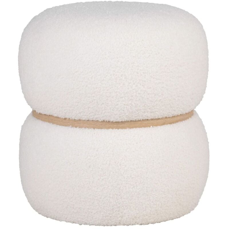 Snovik - Pouf Rond en Tissu Bouclé Blanc Ceinturé en mdf