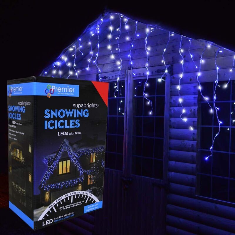Snowing Icicles Outdoor Christmas Fairy Lights & Timer - Blue White - 240 Led's