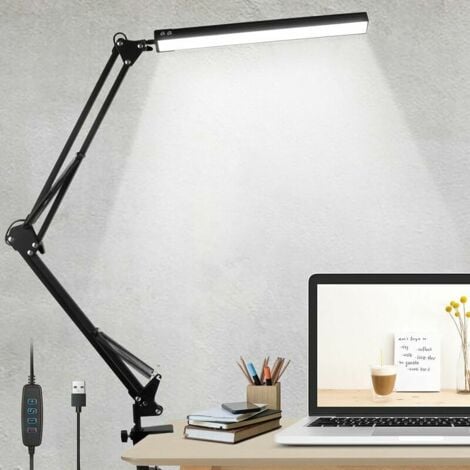 SnowLED Desk Lamp, 10W Desk Lamp Clamp Architect Lamp Swing Arm Work Light Clamp Lamp Dimmable 3 Colors 10 Brightness USB Eye Protection Table Lamp for Office a