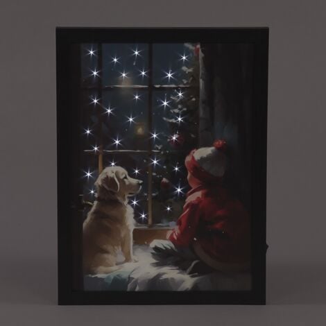 YÖL Snowtime Fibre Optic Framed Canvas Puppy and Child Battery Operated