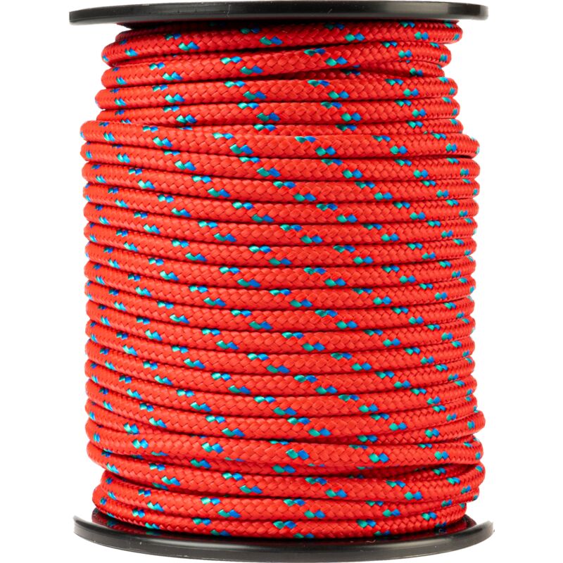 Corde en polypropylène (6mm, 50m, rouge avec bleu et vert) - Corde tressée - Paracorde légère pour l'extérieur, la survie et le jardin - Charge de