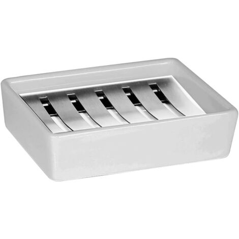 Soap dish, ceramic dish stainless steel rack soap box, double drain, creative rectangular soap dish, bathroom soap holder