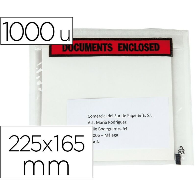 

Sobre autoadhesivo q-connect portadocumentos multilingue 225x165 mm sin ventana paquete de 1000 unidades