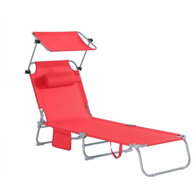Sobuy - Outdoor Garden Beach Folding Chair Sun Lounger with Adjustable Sun Shade and Backrest,Red,OGS48-R