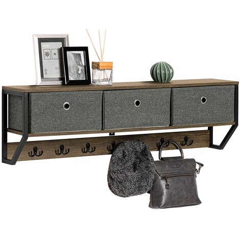 SoBuy Appendiabiti a parete con 3 cesti e 7 ganci Mensola pensile Armadio vintage 100x20x30cm FHK26-N