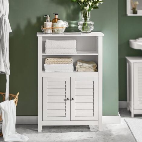 SoBuy Armadio da Bagno – Mobile da Bagno Salvaspazio con Ripiani e Porte, Credenza in Legno Stretto per Corridoio e Soggiorno, Bianco, 60 x 90 x 26 cm, BZR13-W