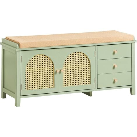 SoBuy Banc à Chaussures avec 3 Tiroirs, Coussin Rembourré et 2 Portes Aspect Grille, Vert,  Idéal pour Entrée, Salon ou Chambre,  Grand Rangement 100 x 34 x 46 cm, FSR129-GR