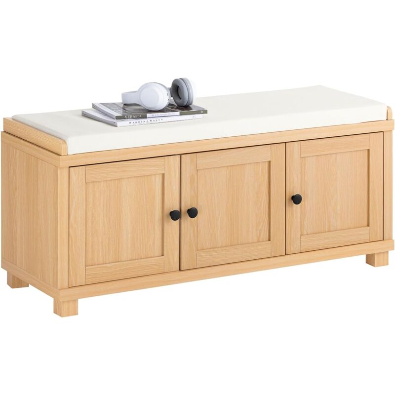 Sobuy - Banc à Chaussures, Banc de Rangement à Chaussures, Meuble à Chaussures, Meuble Bas Entrée avec coussin rembourré, 3 Portes et 4 Compartiments