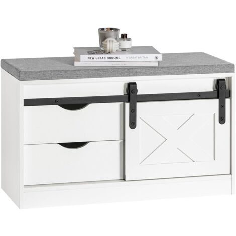 Sobuy – Banc à chaussures FSR153W – Meuble d'entrée avec coussin rembourré – 2 tiroirs et 2 étagères – Capacité 227 kg – Dimensions 80x30x49 cm