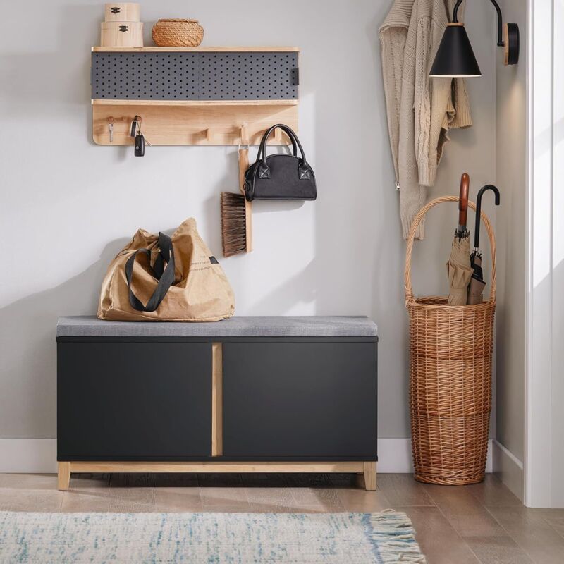 Sobuy - Banc à Chaussures Banc de Rangement Meuble d'Entrée avec Siège Rembourré 2 Portes Bambou mdf 90x34x47 cm Charge 150 kg FSR117-SCH