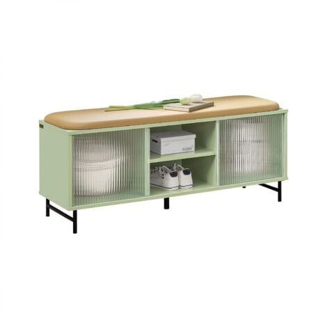 SoBuy Banc de Rangement à Chaussure, Commode à Chaussure, Meuble Bas Entrée, Banquette Rembourré sur Pieds avec 2 Compartiments et 2 Portes Coulissantes en Verre, 110x34x46 cm, Vert, FSR115-GR