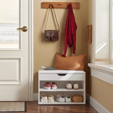 Sobuy – Banc de rangement à chaussures 2 étages FSR25W – Coussin rembourré – Dimensions L60cm x P30cm x H43cm – Capacité 120kg – Meuble blanc