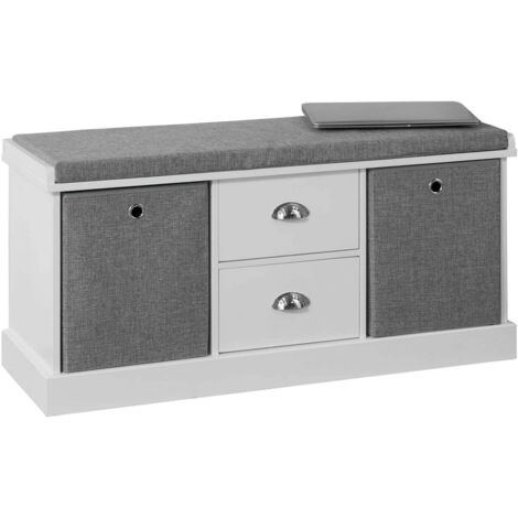 Sobuy – Banc de rangement avec coussin rembourré – Meuble à chaussures blanc et gris – 100x35x50 cm – 2 tiroirs et 2 paniers – FSR66HG