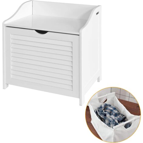 Sobuy – Banc de rangement panier à linge en bois MDF laqué blanc – Sac à linge amovible en coton – Dimensions 50x35x53cm – FSR40W