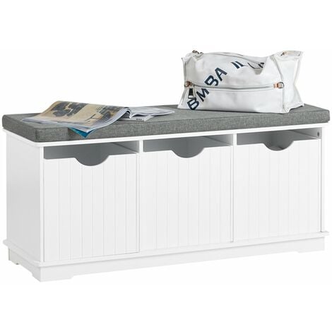 SoBuy® Banco de almacenamiento con acolchados cojines y 3 cubos, estante del zapato, FSR30-W, ES