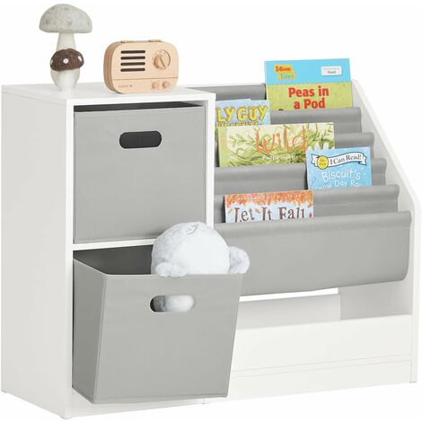 Sobuy – Bibliothèque enfant KMB76W – Étagère de rangement 80x30x61 cm – 5 étagères, 2 paniers en tissu – Bois PB laqué blanc