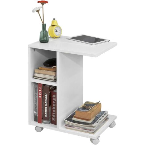 Sobuy – Bout de canapé moderne FBT48W – Table d’appoint roulante avec 2 étagères de rangement – Bois MDF blanc – Dimensions L45 x H58 x P35 cm