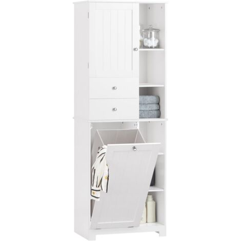 SoBuy BZR104-W Hochschrank mit ausklappbarem Wäschesack Badezimmer Schrank Badschrank schmal Wäscheschrank Badregal Badezimmerschrank Badezimmermöbel Weiß BHT ca. 60x171x37cm