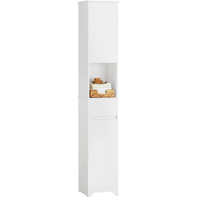 BZR109-W Meuble Colonne de Salle de Bain Armoire Haute Etagère de Rangement Meuble de Rangement sur Pieds avec 2 Portes et 1 Tiror et 1 Compartiment