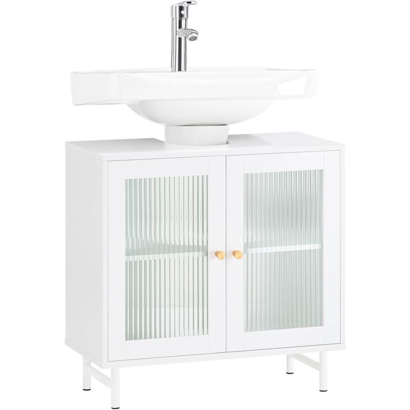 BZR115-II-W Meuble Sous Lavabo Salle de Bain, Meuble Sous Évier, Armoire de Rangement pour Vasque sur Pieds avec 2 Portes en Verre, 60x30x59 cm,