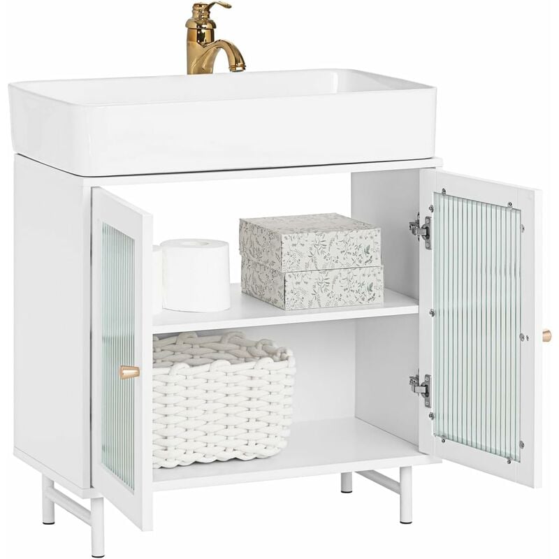 sobuy - bzr115-w meuble sous lavabo salle de bain, meuble sous évier, armoire de rangement pour vasque sur pieds avec 2 portes en verre, blanc