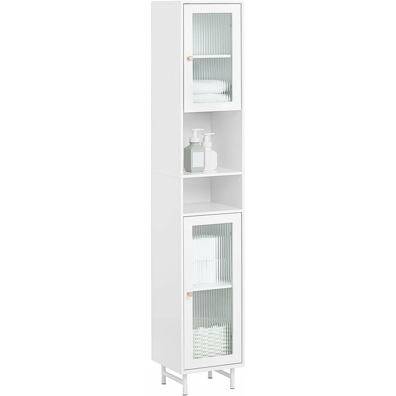 BZR118-W Meuble Colonne de Salle de Bain Étagère étroite de Salle de Bain Armoire Haute Placard de Rangement avec 2 Portes en Verre, 2 Compartiments