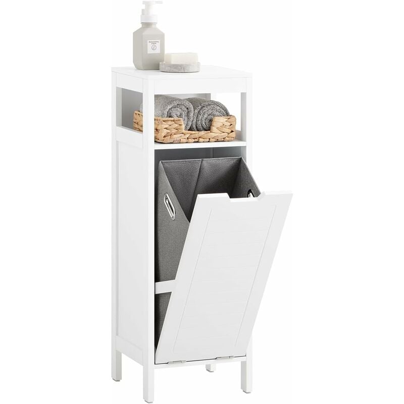 BZR122-W Meuble Bas de Salle de Bain avec Corbeille à Linge, Armoire Toilette, Meuble Demi-Colonne, Meuble de Rangement avec 1 Panier à Linge, Blanc