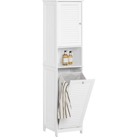 SoBuy BZR124-W Hochschrank mit ausklappbarem Wäschesack Badezimmer Schrank Badschrank schmal Wäscheschrank Badregal Badezimmermöbel Weiß BHT ca. 40x170x38cm