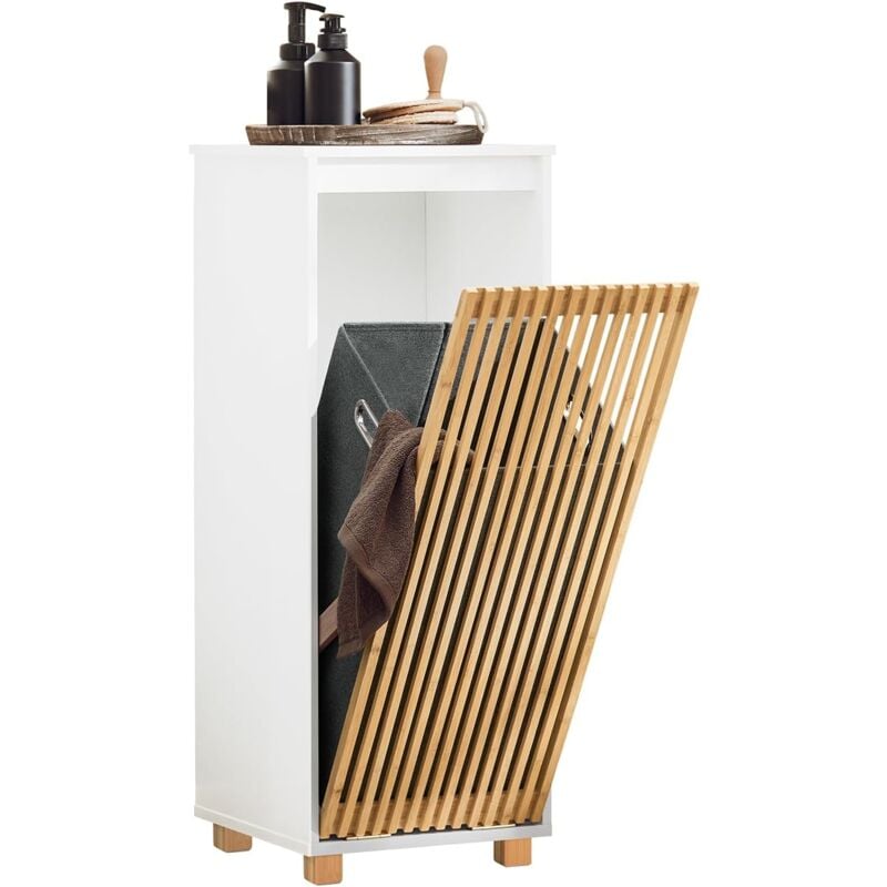 BZR126-W Armoire à Linge, Meuble Bas de Salle de Bain, Meuble de Rangement avec 1 Panier à Linge Amovible, Corbeille à Linge, Porte en Bambou - Sobuy