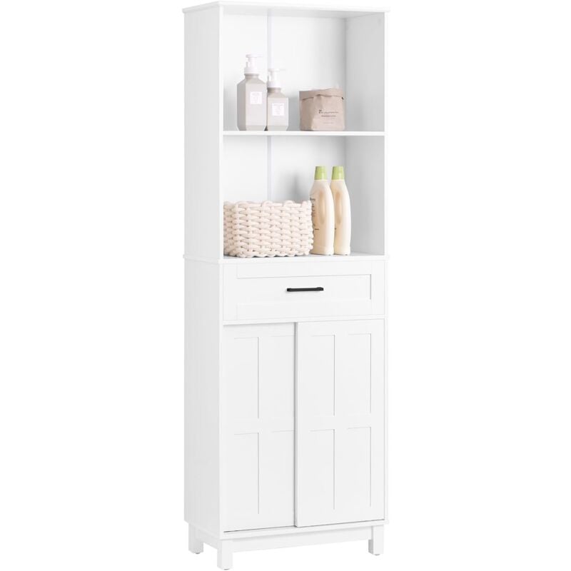 Sobuy - BZR141-W Armoire de Salle de Bain Meuble Colonne Armoire Haute avec 2 Etagères 2 Portes Coulissantes et 1 Tiroir Blanc 56x30x165cm BZR141-W