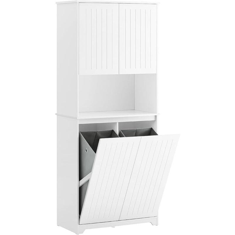BZR150-W Armoire de Salle de Bain Haute avec Sac à Linge, Colonne Meuble Salle de Bain avec Portes, 2 Paniers à Linge Amovibles, Étagères Réglables,
