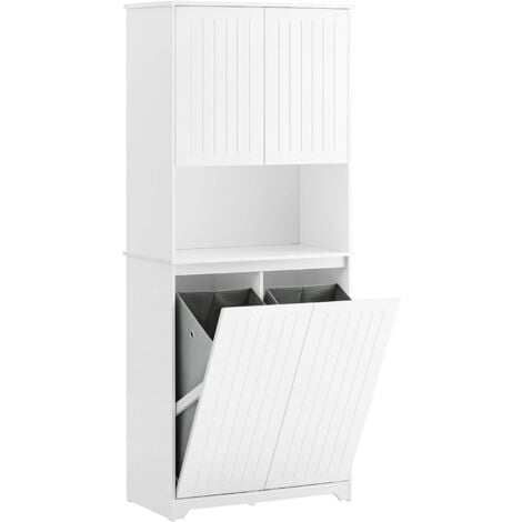 SoBuy BZR150-W Armoire de Salle de Bain Haute avec Sac à Linge, Colonne Meuble Salle de Bain avec Portes, 2 Paniers à Linge Amovibles, Étagères Réglables, Compartiments, 70x37x170 cm, Blanc