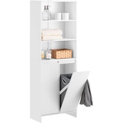 SoBuy BZR155-W Armoire de Salle de Bain Haute avec Sac à Linge, Colonne Meuble Salle de Bain avec 2 Portes, 2 Paniers à Linge Amovibles, 3 Compartiments Ouverts, 30x30x170 cm, Blanc