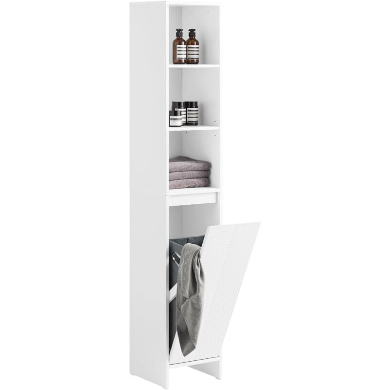 BZR158-W Meuble Colonne Salle de Bain, Armoire de Rangement Placard de Rangement Étroite, 1 Porte avec Panier à linge, 3 Compartiments Ouverts,