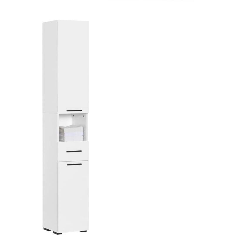 BZR166-W Meuble Colonne Salle de Bain, Armoire de Rangement Placard de Rangement Étroite, 1 Compartiment Ouvert, 1 Tiroir, 2 Portes et 2 Étagères