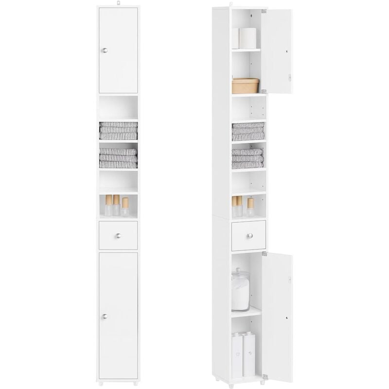 BZR167-GW Meuble Colonne Salle de Bain, Armoire de Rangement Placard de Rangement Étroite, 1 Tiroir, 2 Portes et 5 Compartiments Ouverts, Étagères
