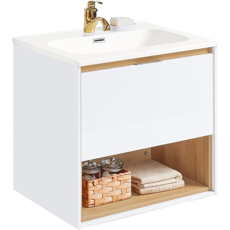BZR171-N Meuble Suspendu pour Lavabo Armoire de salle de bain avec Lavabo Meuble salle de bain avec vasque Ensemble de Lavabo en céramique, 1 Tiroir