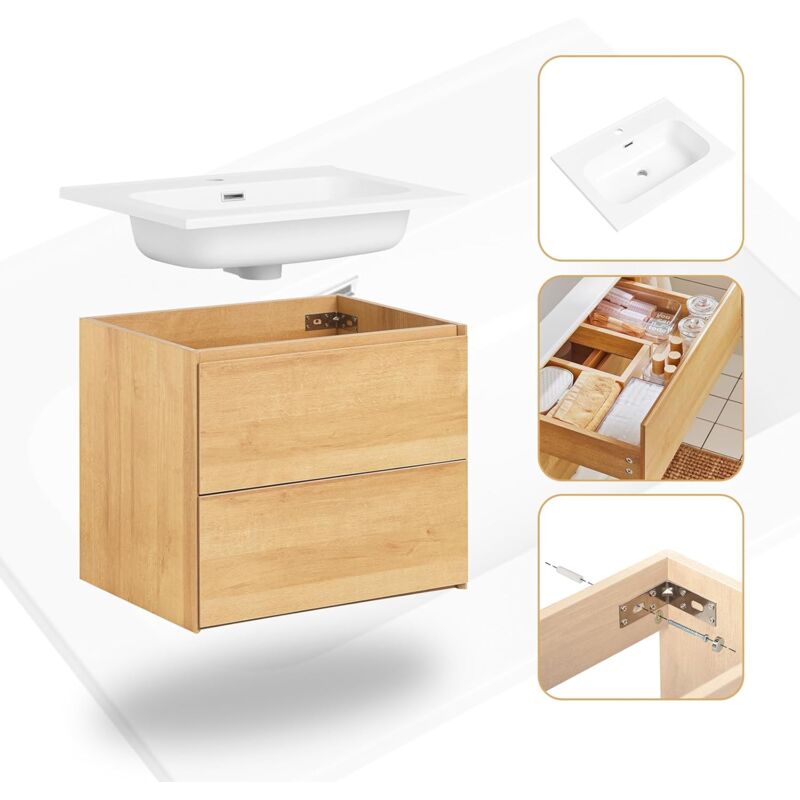 BZR174-N Meuble Suspendu pour Lavabo Armoire de salle de bain avec Lavabo Meuble salle de bain avec vasque Ensemble de Lavabo en céramique, 2
