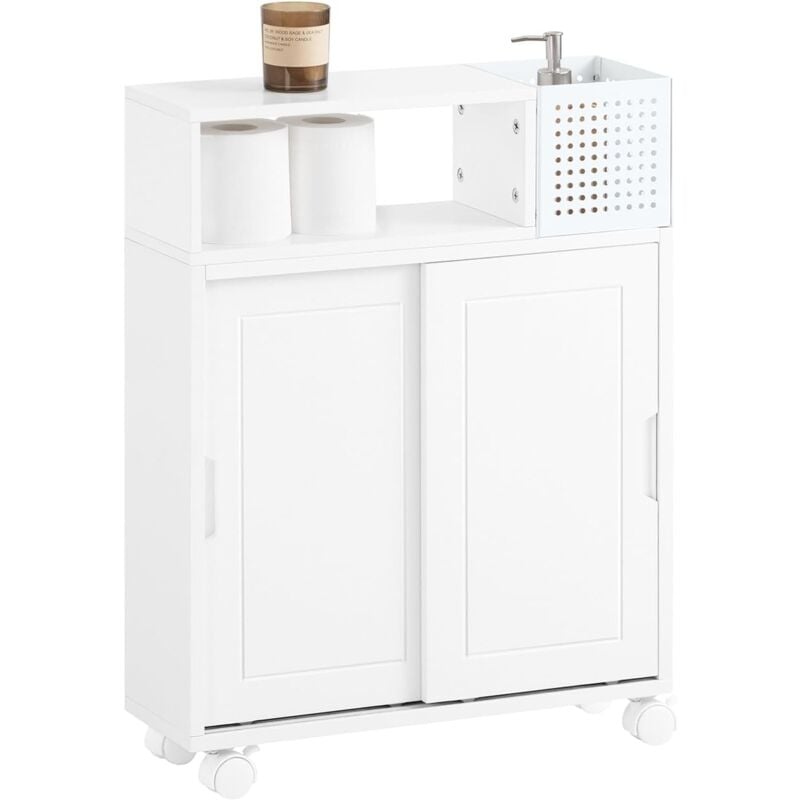 BZR176-W Armoire Toilettes wc Support Papier Toilette Meuble de Salle de Bain, Armoire de Salle de Bain sur Roulettes, 2 Compartiments Ouverts, 2
