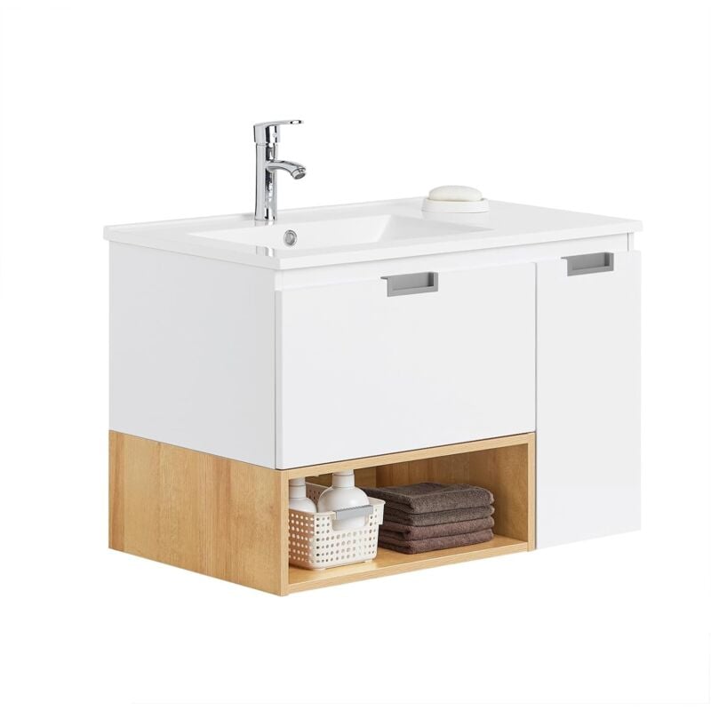 BZR178-WN Meuble Suspendu pour Lavabo Armoire de salle de bain avec Lavabo Meuble salle de bain avec vasque Ensemble de Lavabo en céramique, 1 Tiroir