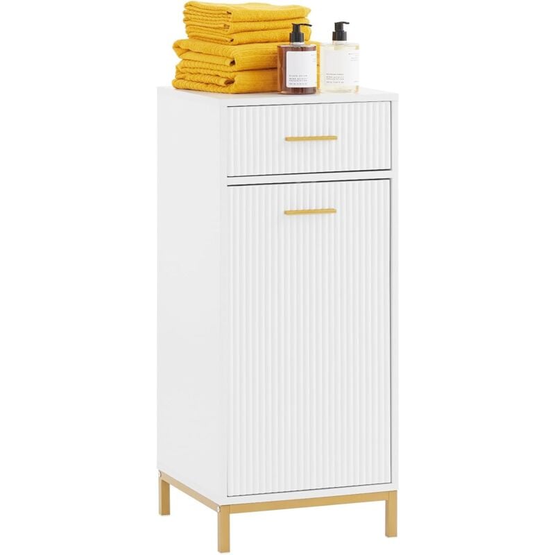 BZR180-W Armoire à linge, Corbeille à Linge, Meuble Bas de Salle de Bain sur Pieds, Armoire Toilette, Meuble de Rangement avec 1 Tiroir et 1 Panier à