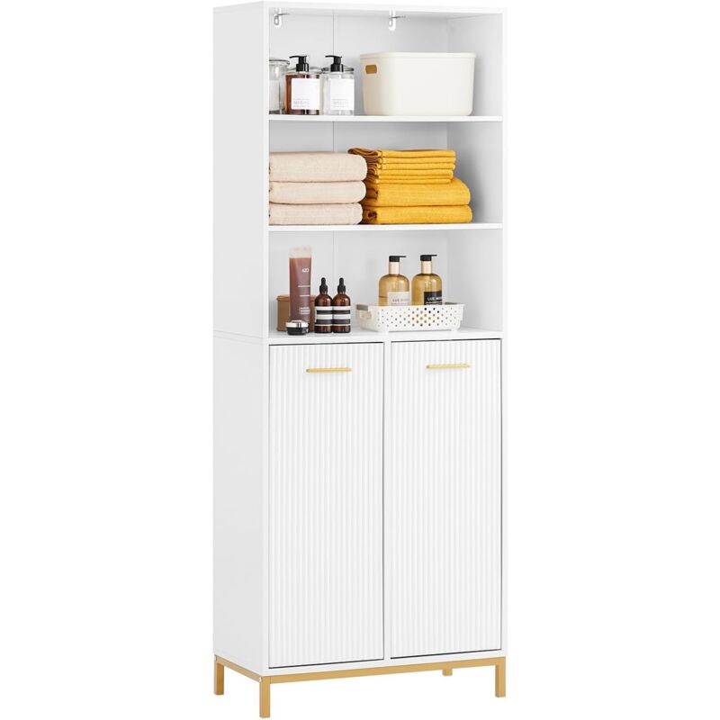 BZR182-W Armoire de Salle de Bain Haute avec Sac à Linge, Colonne Meuble Salle de Bain avec 2 Portes, 2 Paniers à Linge Amovibles, 3 Compartiments