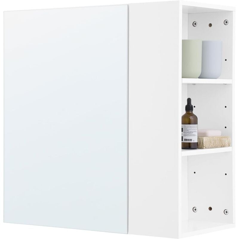 BZR184-W Armoire Murale avec Miroir, Placard de Rangement, Meuble de Rangement Suspendu avec Miroir Salle de Bain, 1 Porte et 3 Compartiments