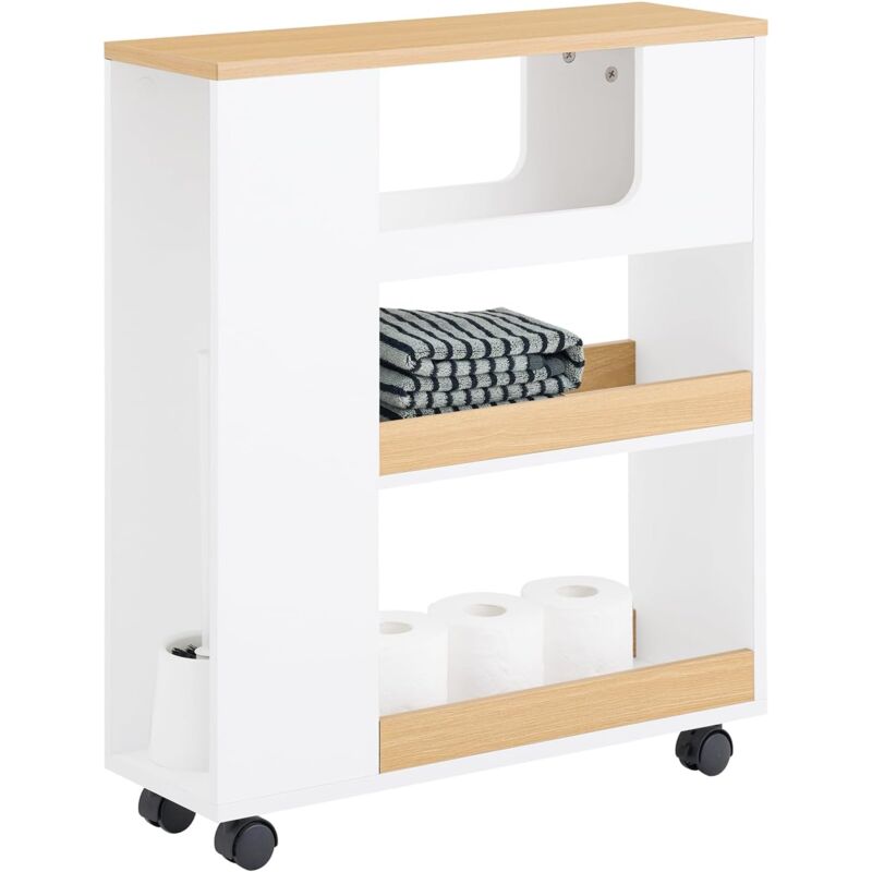 BZR190-WN Support Papier Toilette Armoire Porte-Papier Toilette Porte Brosse wc Meuble de Salle de Bain sur Roulettes, Blanc et Nature - Sobuy