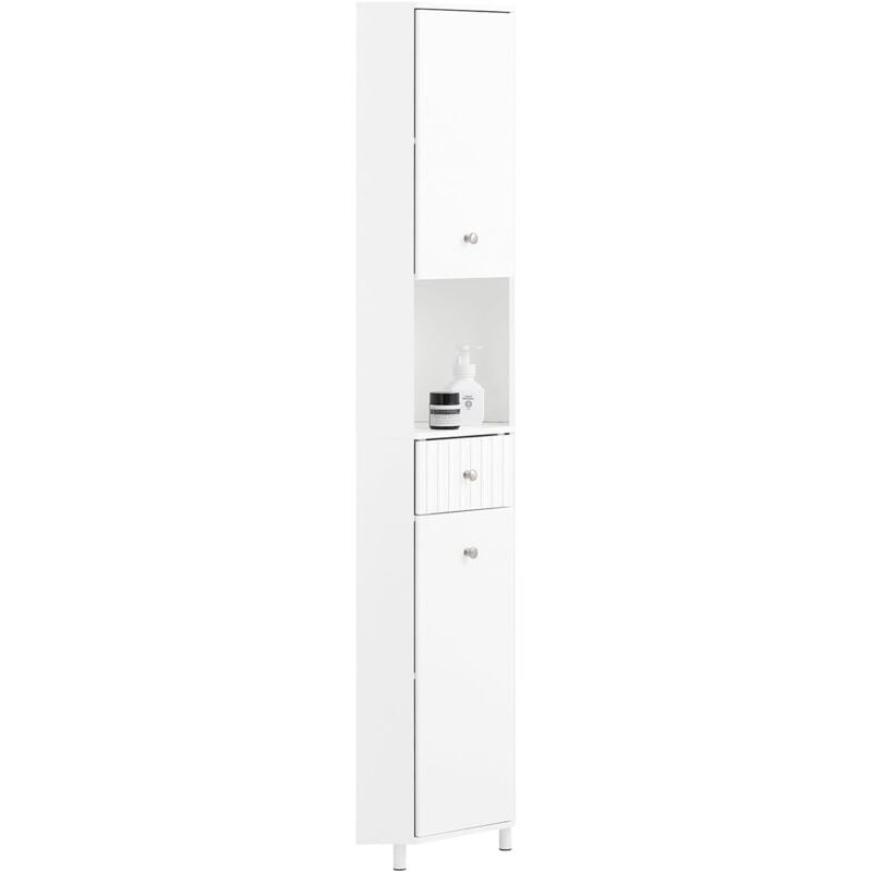 BZR193-W Meuble de Rangement d'Angle Salle de Bain, Armoire de Rangement Placard de Rangement Étroite, 1 Tiroir, 1 Compartiment Ouvert et 2 Portes,